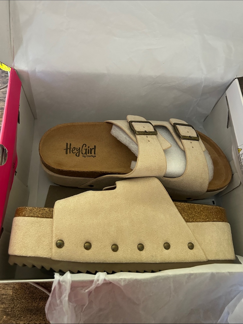 HeyGirl Cream Platform Slide Sandals with Dual Buckle